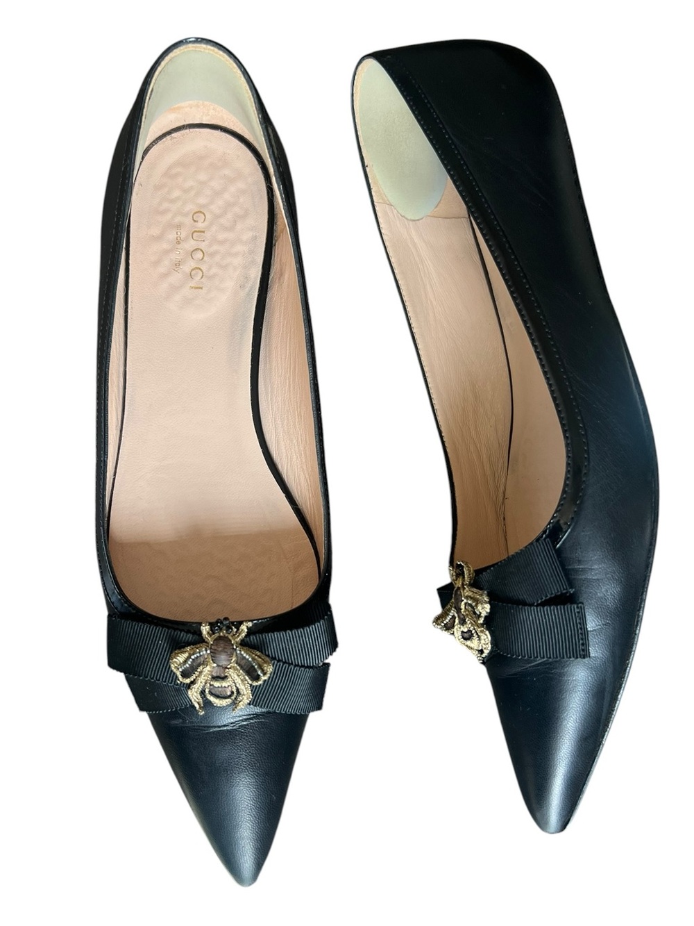 Gucci Women’s Embroidered Bee Bow Pointed Toe Black Leather Ballet Flats 37 1/2